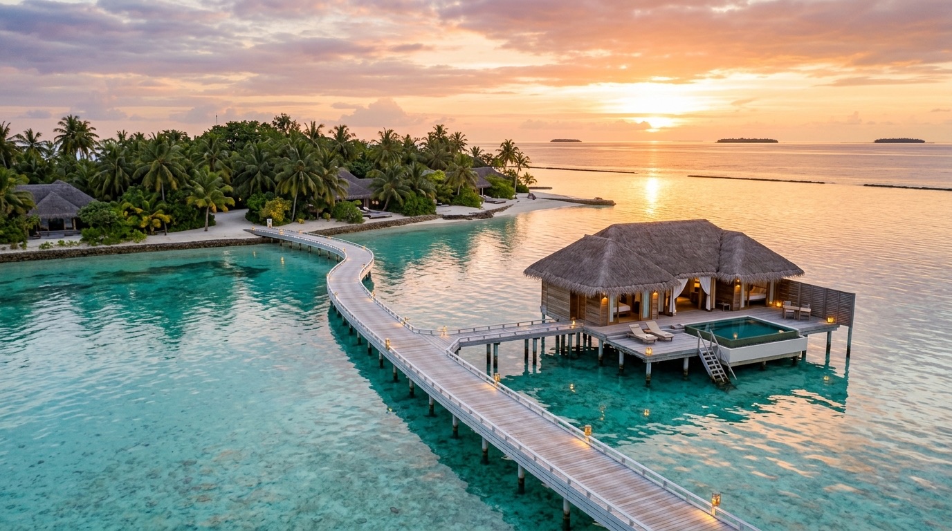 Villa flotante en Maldivas al atardecer