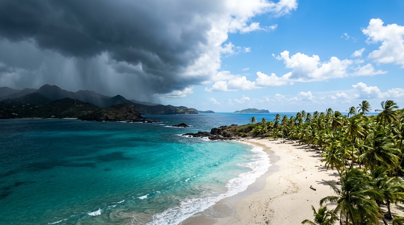 Playa del Caribe con cielo en contraste mostrando la estacionalidad